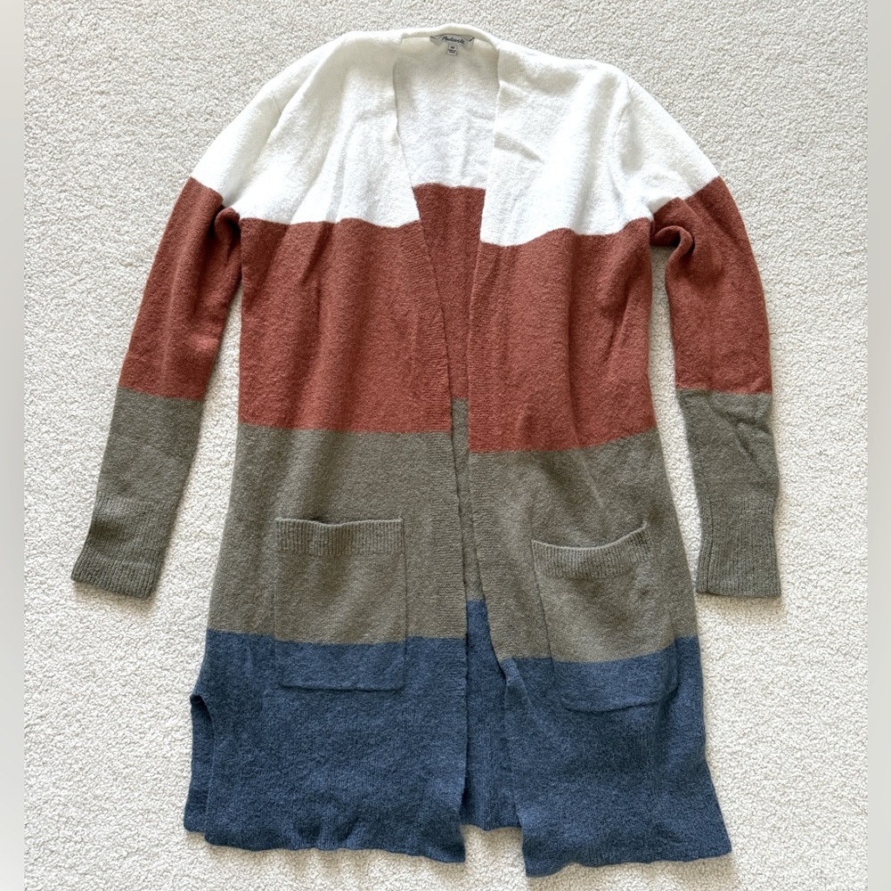Madewell Kent Colorblock Cardigan XS in Cream, Rust, Olive, Blue Stripes